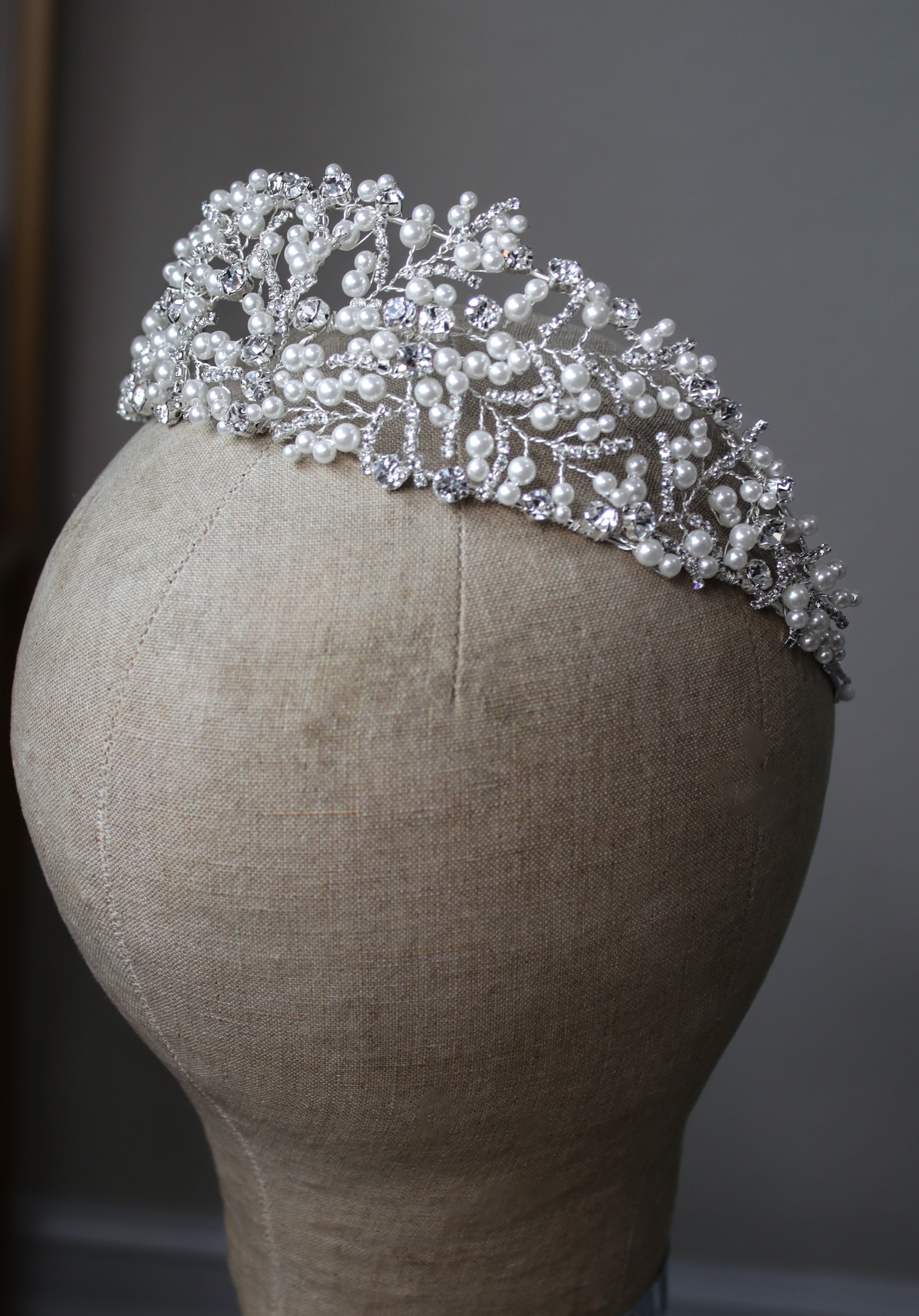 Close-up of Harper pearl tiara, crystal bridal bandeau crown in silver, Versailles inspired headpiece | EDEN LUXE Bridal