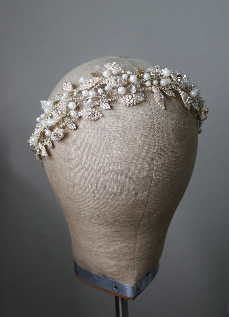 CHARLOTTE Pearl Leaf and Crystal Bridal Headband Headpiece