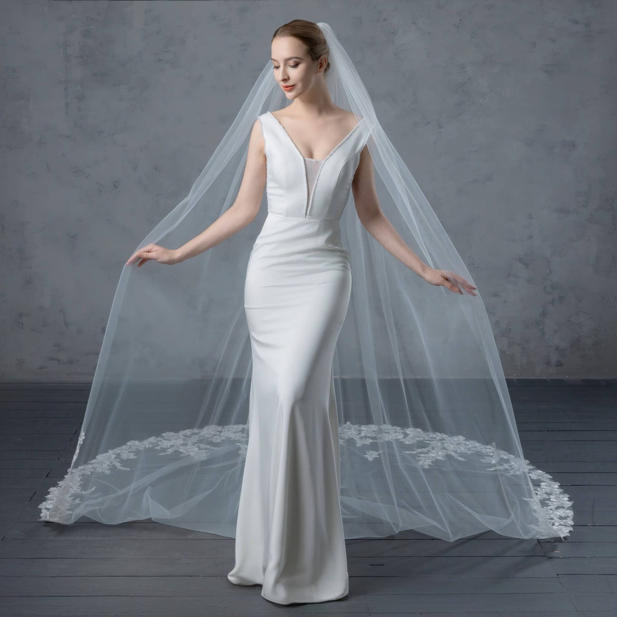 ROSELLA ORIGINAL FS6289 Floral Embroidered Lace Bridal Veil Rhinestones 120": Ivory / 120"x90"