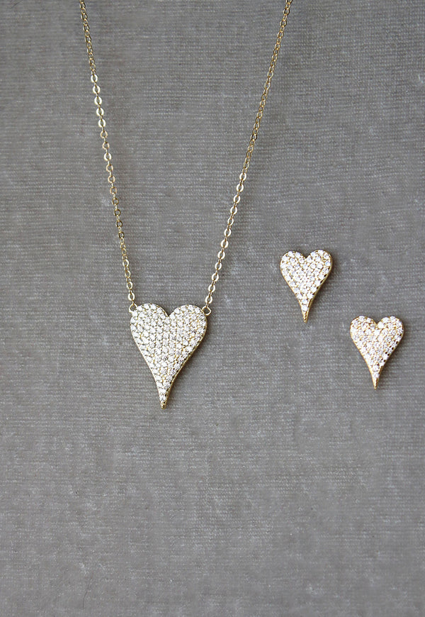 Gold and Simulated Diamond Pave Heart Necklace and Earrings | EDEN LUXE Bridal