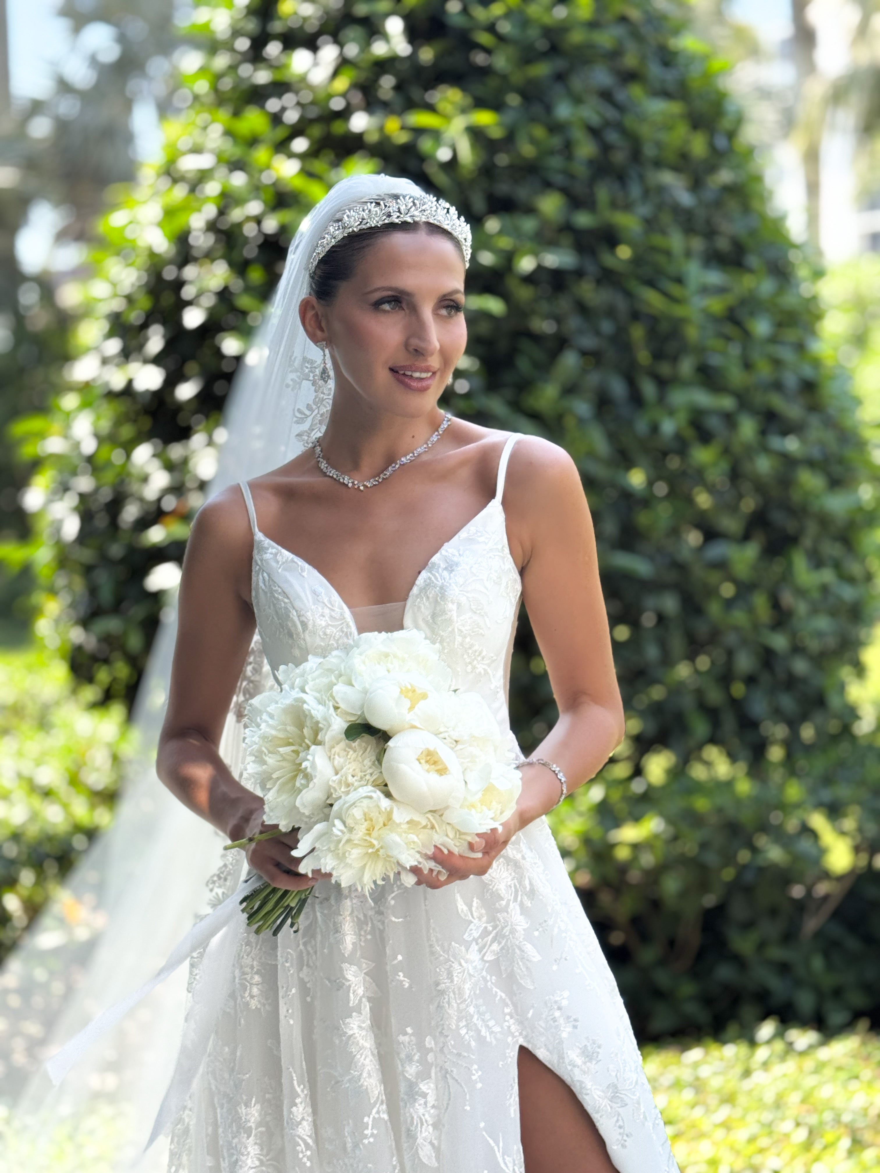 Bride wearing Pearl and Crystal tiara - ARDEN Tiara | EDEN LUXE Bridal