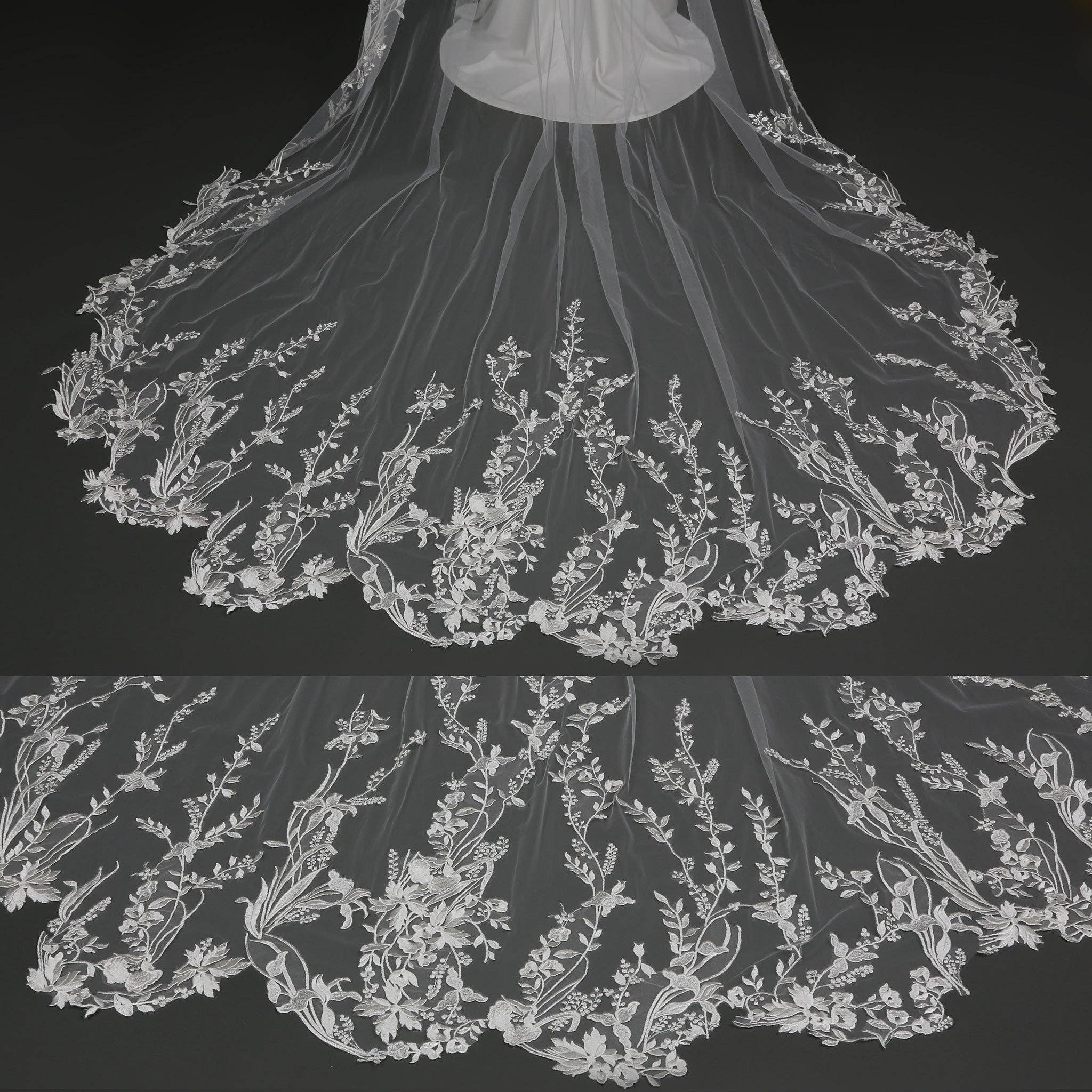 Luxury ivory bridal veil, cathedral length, with scalloped floral lace edge and fine illusion tulle for romantic weddings | EDEN LUXE Bridal  