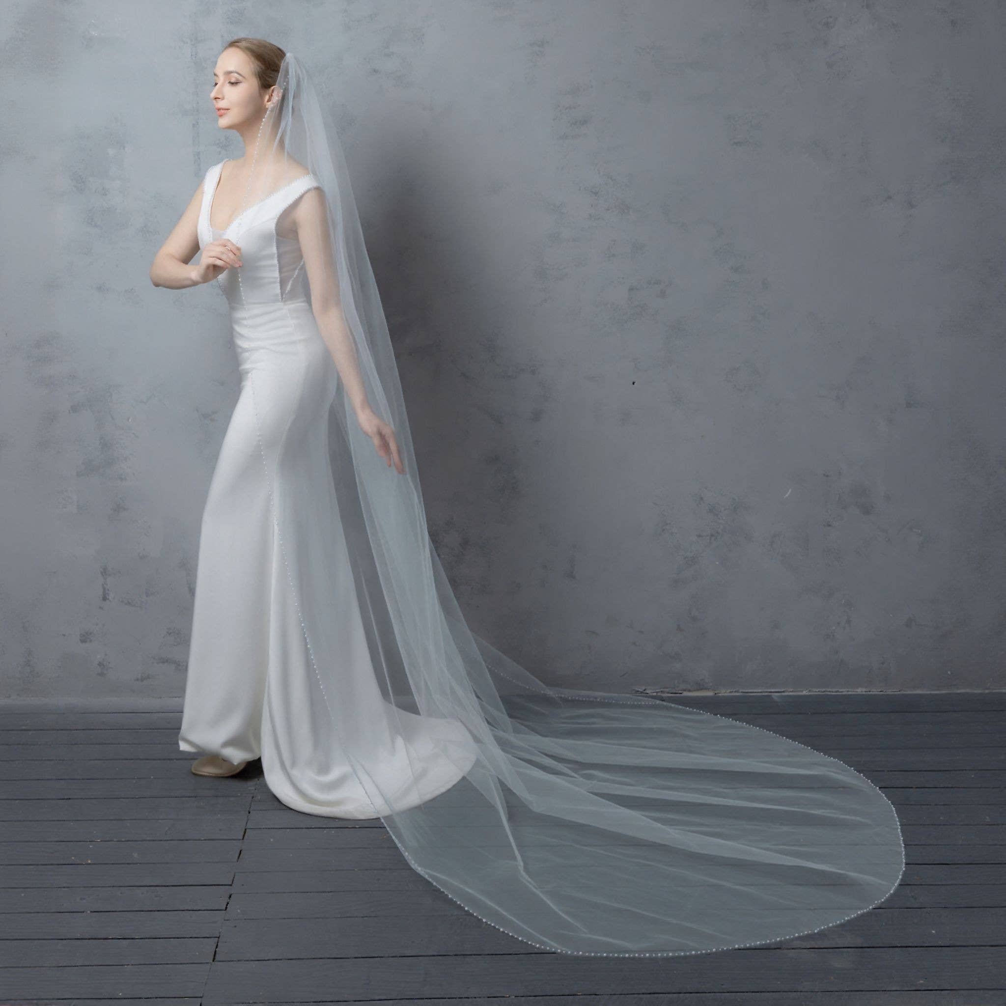ODETTE - Cathedral Length Pearl Beaded Edged Bridal Wedding Veil 108 Inches Long