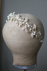 CHARLOTTE Pearl Leaf and Crystal Bridal Headband Headpiece