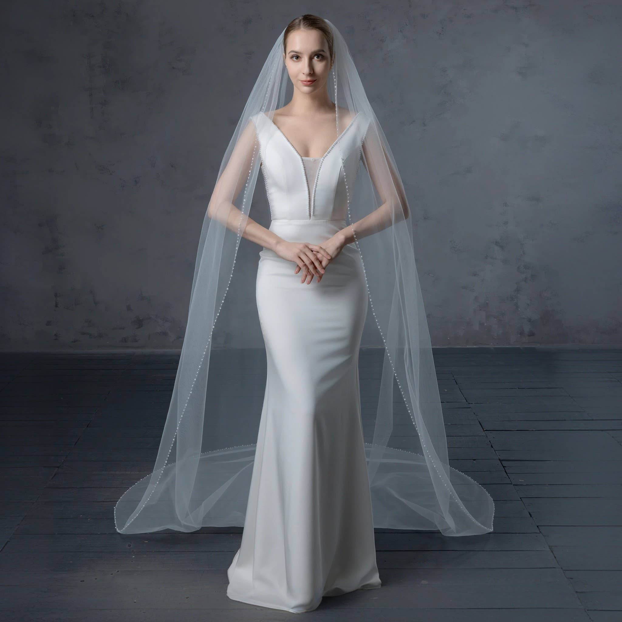 ODETTE - Cathedral Length Pearl Beaded Edged Bridal Wedding Veil 108 Inches Long