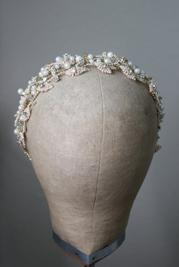 CHARLOTTE Pearl Leaf and Crystal Bridal Headband Headpiece