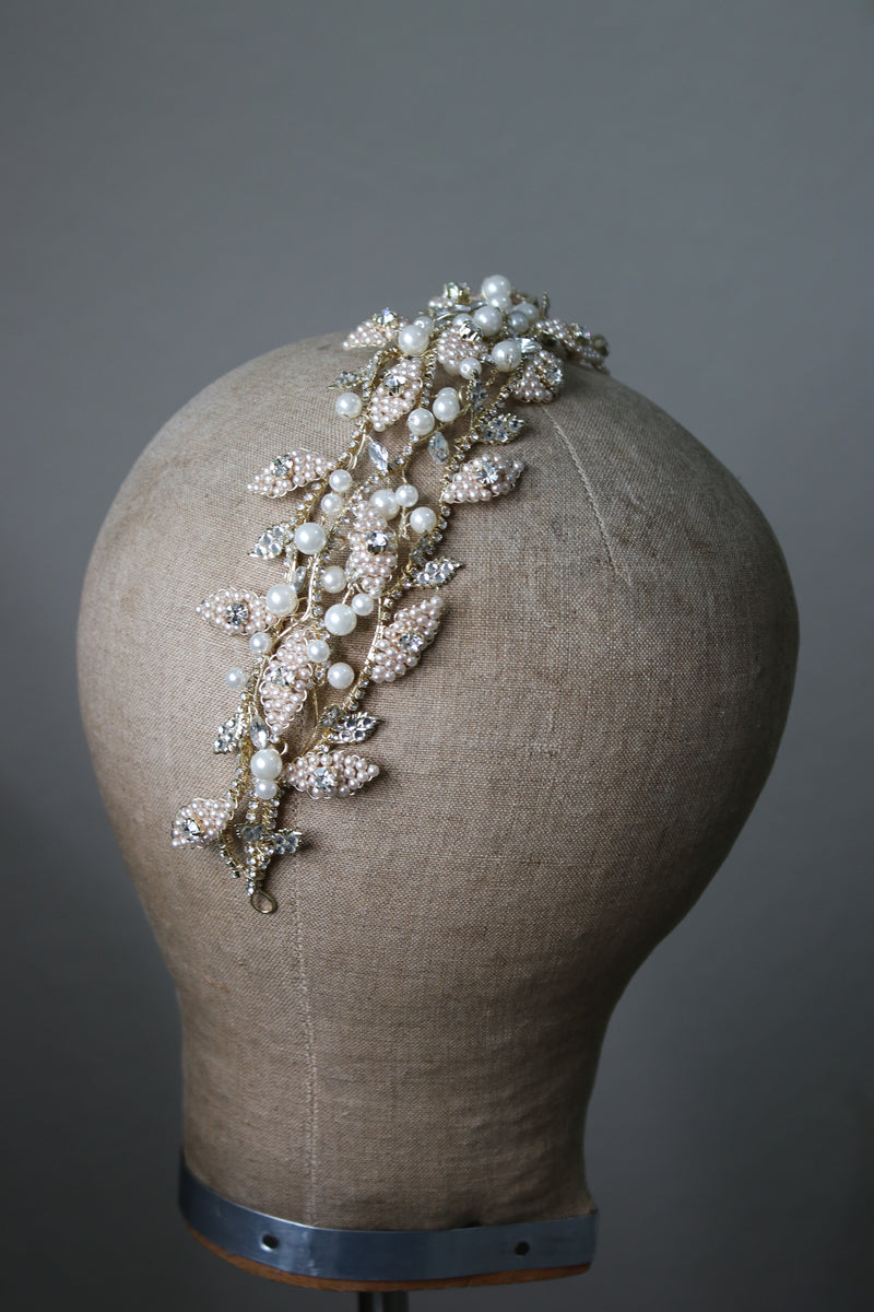 CHARLOTTE Pearl Leaf and Crystal Bridal Headband Headpiece