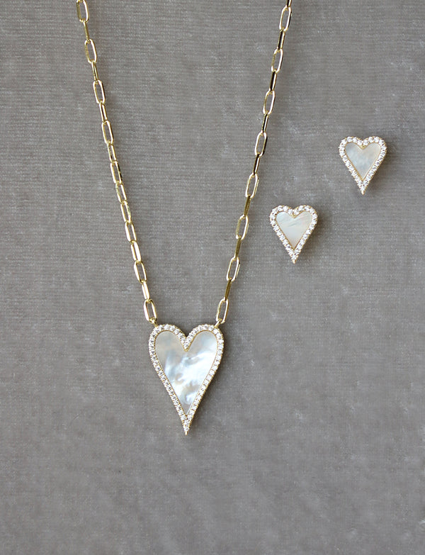Mother of Pearl Heart Necklace and Earrings Set