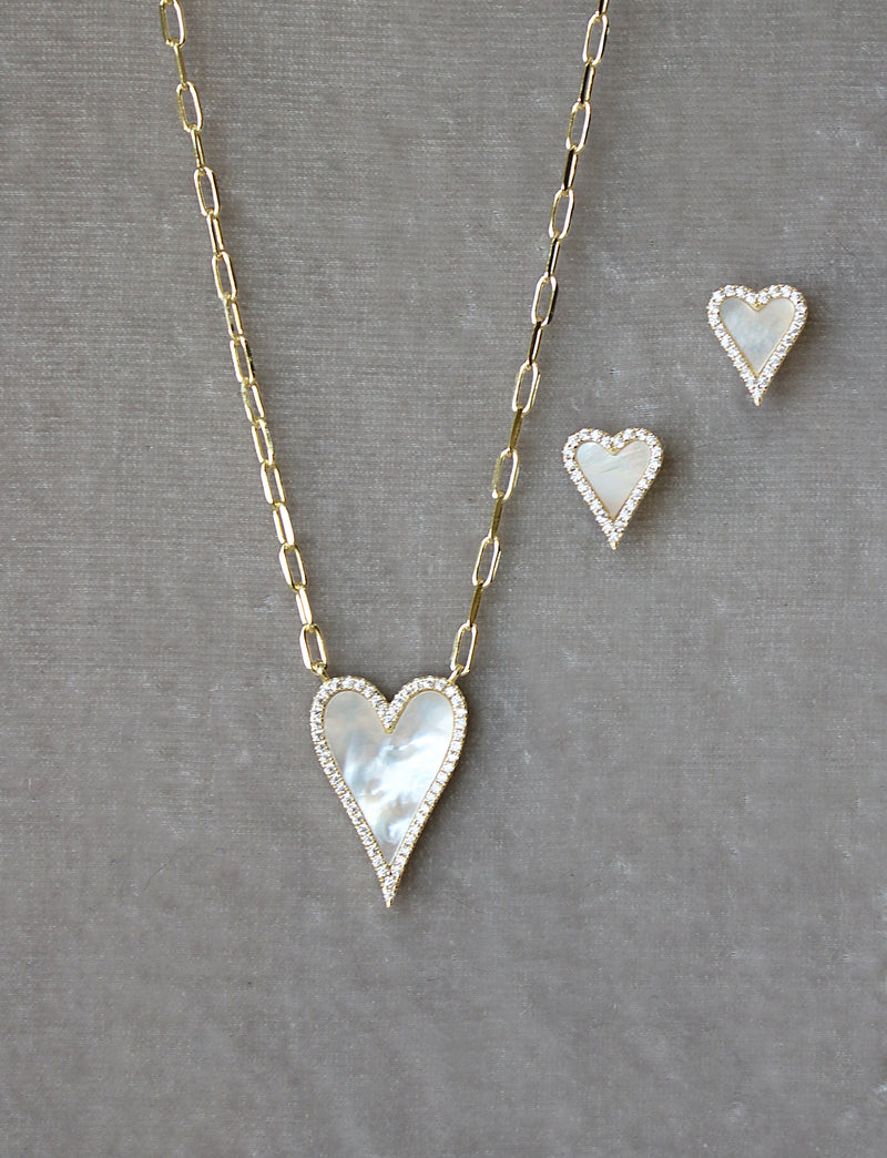 Mother of Pearl Heart Necklace and Earrings Set