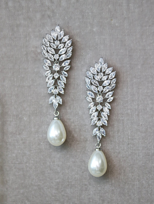 FABIOLA Simulated Diamond Pearl Long Drop Earrings