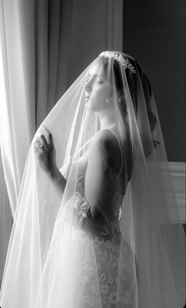 Bride wearing Floral Headband and wedding veil | EDEN LUXE Bridal