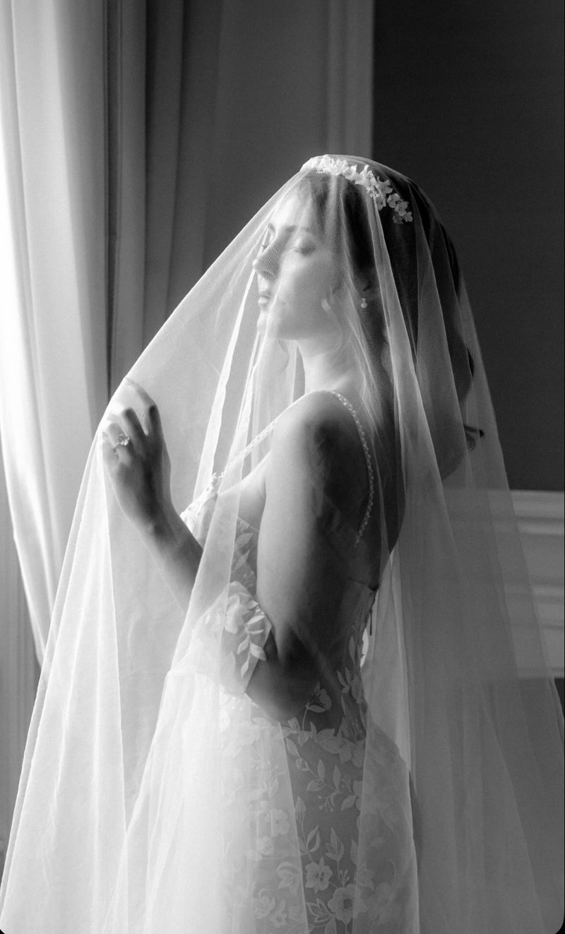 Bride wearing Floral Headband and wedding veil | EDEN LUXE Bridal