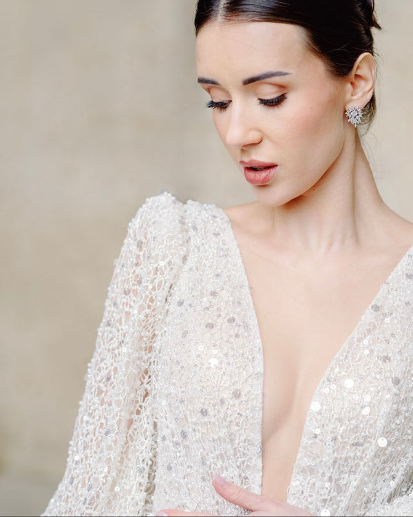 Model wearing Valois Statement Stud Earrings perfect for Mother of the Bride | EDEN LUXE Bridal