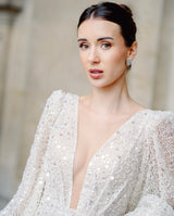 Model wearing Valois Statement Stud Earrings for Brides and Wedding Guests | EDEN LUXE Bridal