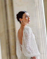 Model wearing Valois Statement Stud Earrings perfect for Mother of the Bride | EDEN LUXE Bridal