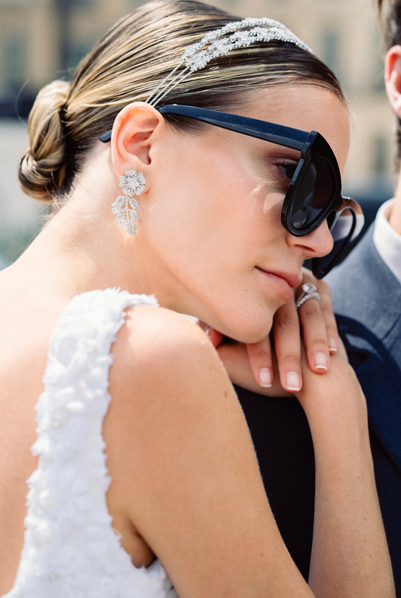 Wedding Earrings RIANN Simulated Diamond Floral Leaf Bridal Earrings | EDEN LUXE Bridal