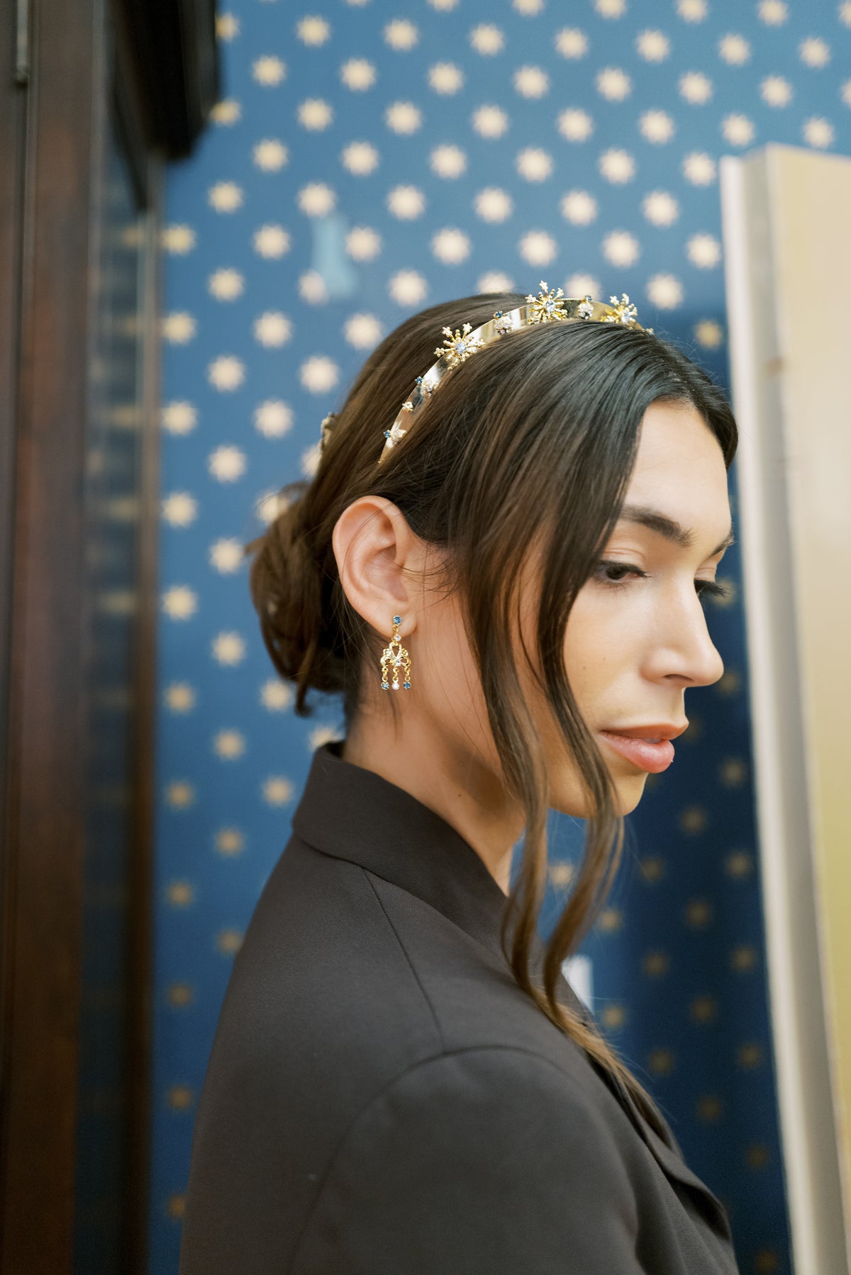 MARTHA Chandelier Earrings – 14k Gold Plated Clear & French Blue Swarovski Crystal Earrings, Sophie Kaye x EDEN LUXE Everyday