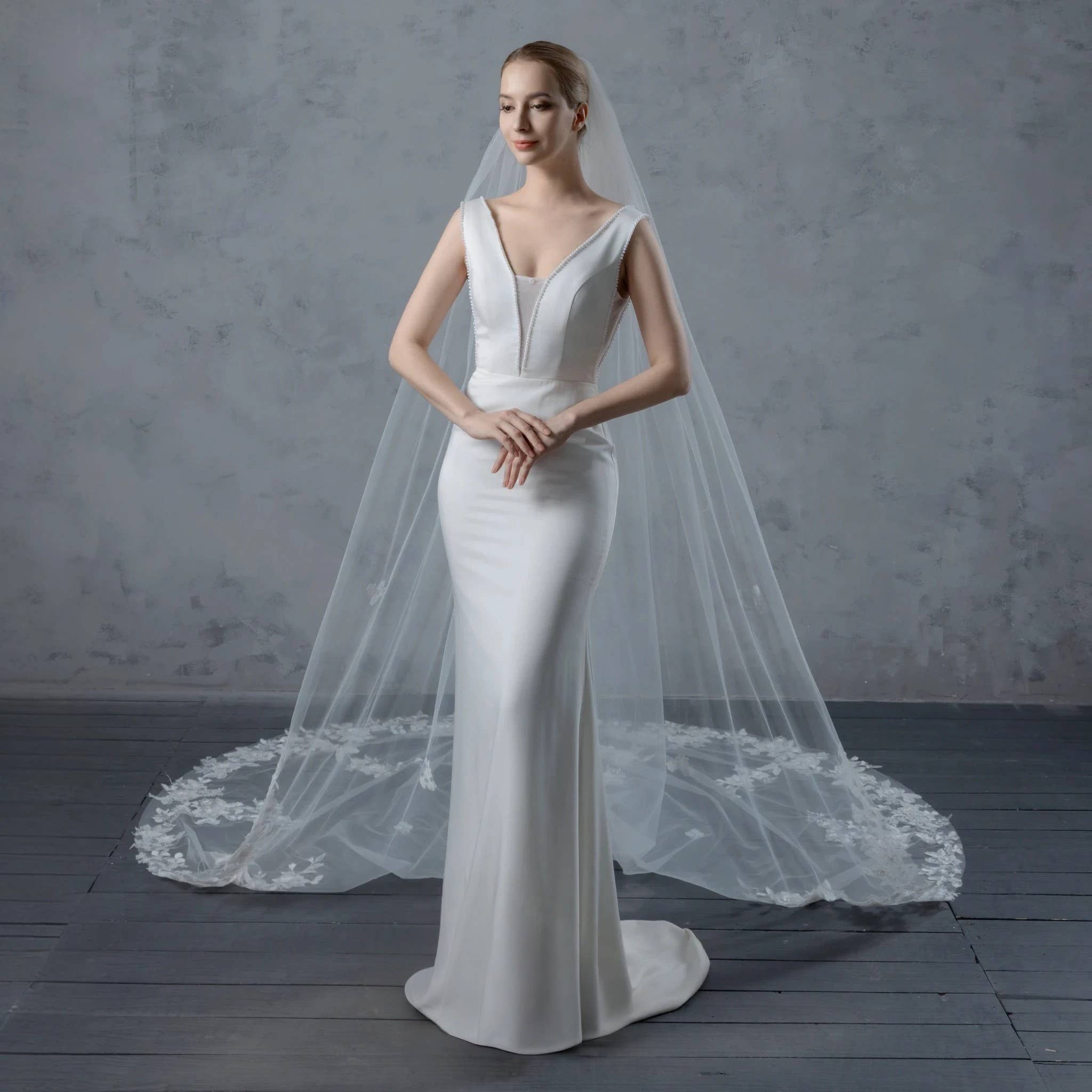  Pale ivory cathedral veil with secure comb and dimensional flowers | EDEN LUXE Bridal