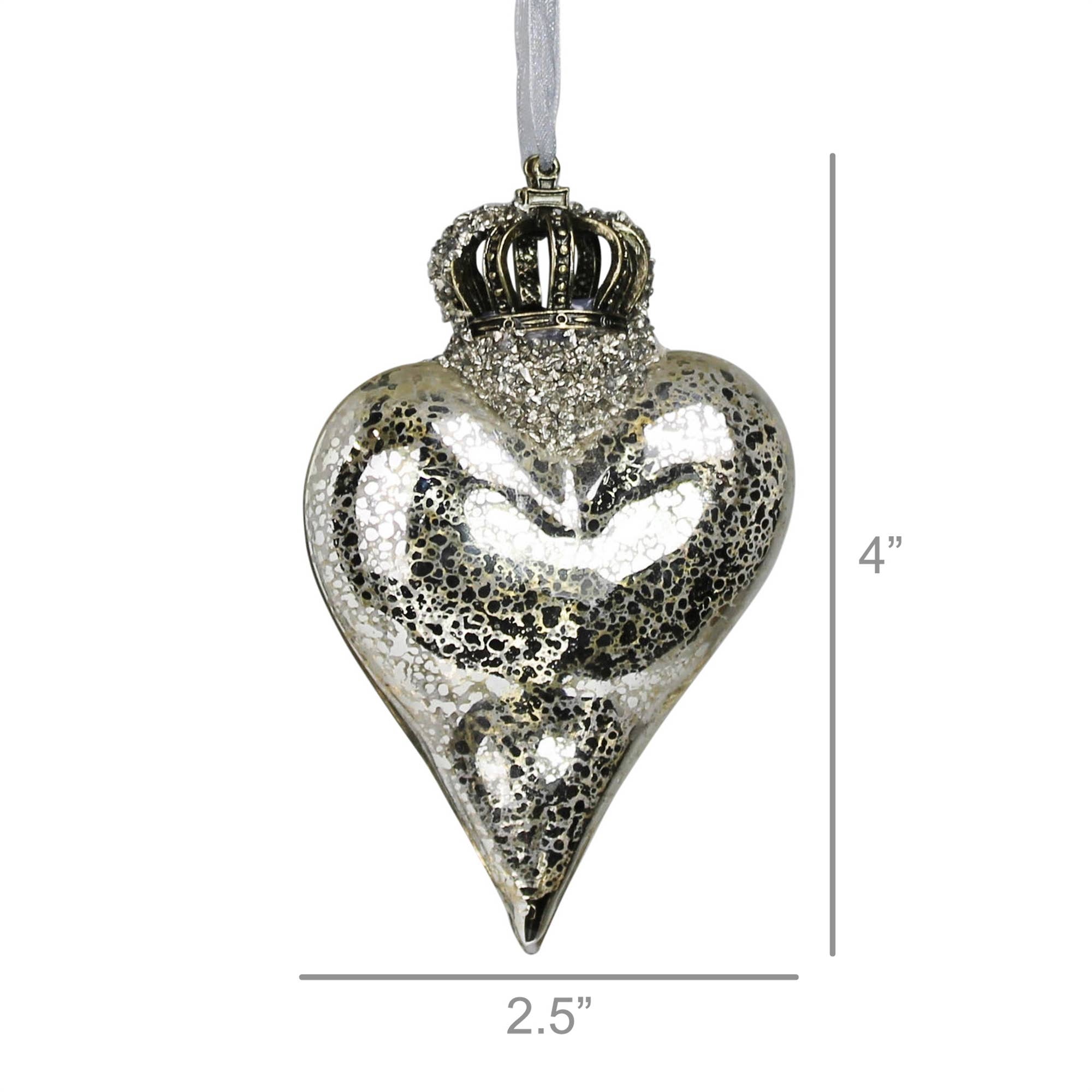 Crowned Heart Ornament, Glass, Silver