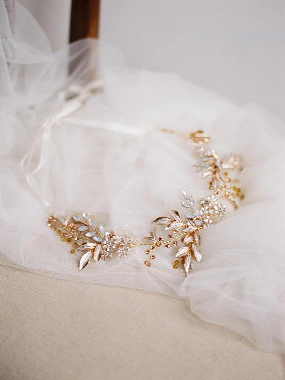 EDEN LUXE Bridal Headpiece MARGEAUX Silvered Leaves Bridal Halo Headpiece