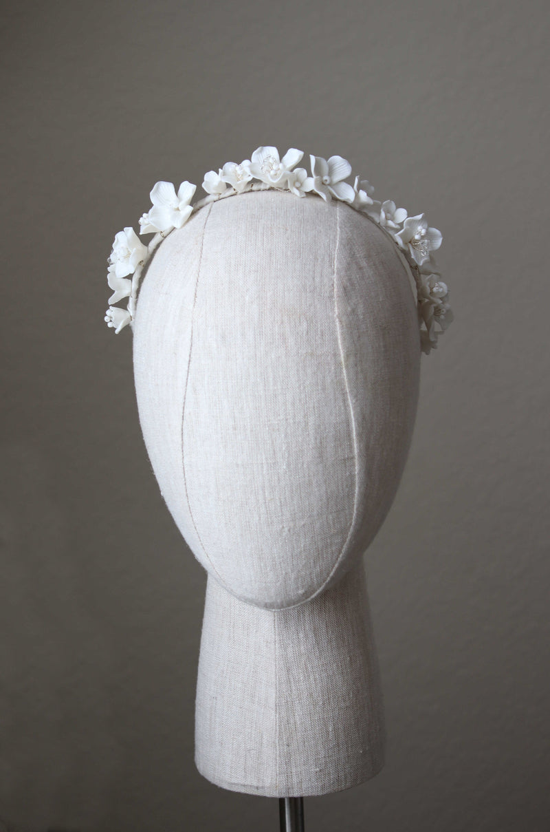 EDEN LUXE Bridal Headpiece Silver BIANCA White Porcelain Floral and Crystal Bridal Headband Tiara