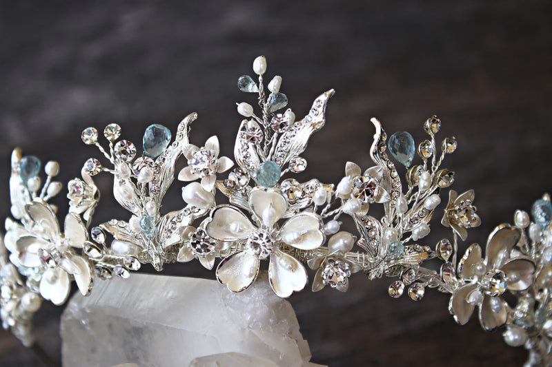 ELBDC Tiara, Tiaras Silver with with Aquamarine and Blue Topaz Added GENEVIEVE Tiara with Ruby and Emerald Briolettes