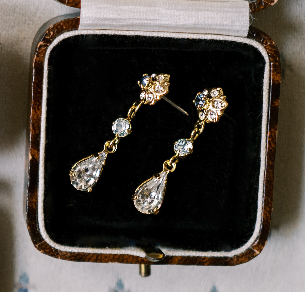 Madame Brillon teardrop earrings with French blue crystal flower studs in a vintage velvet jewelry box, holiday jewelry gift for her by Sophie Kaye x EDEN LUXE | EDEN LUXE Bridal