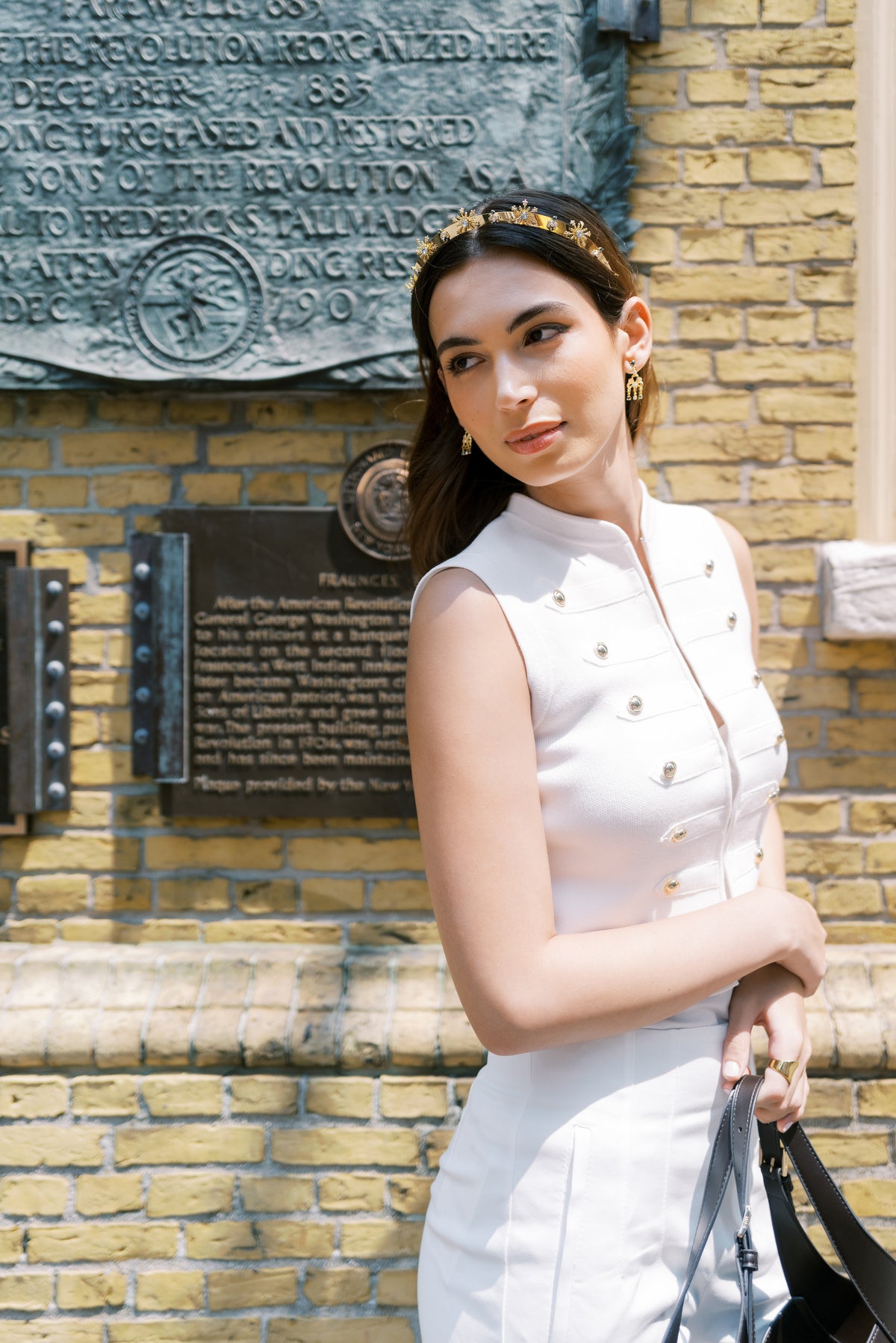 Madame Brillon Everyday Tiara worn beside the historic bronze plaque at Fraunces Tavern, where George Washington bid farewell to his officers in 1783, Sophie Kaye x EDEN LUXE | EDEN LUXE Bridal