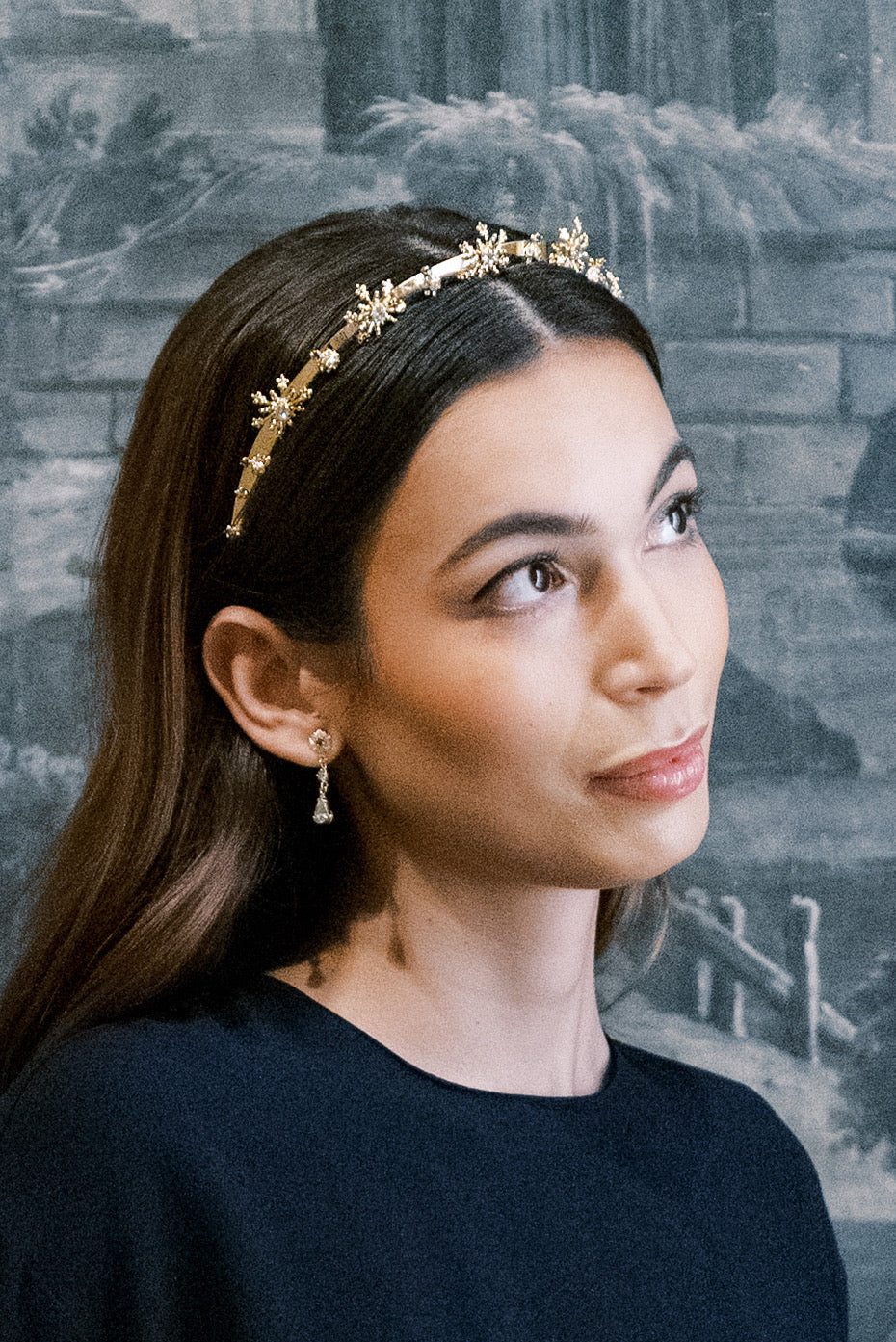 Portrait of the Madame Brillon Everyday Tiara and earrings against 18th-century grisaille scenic wallpaper at The Metropolitan Museum of Art, Sophie Kaye x EDEN LUXE | EDEN LUXE Bridal