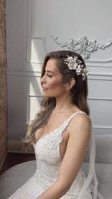 ADDISON Porcelain Floral and Crystal Wedding Headpiece Comb Set