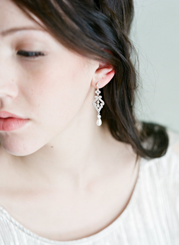 Silver Drop Earrings with Pearl Dangle | EDEN LUXE Bridal