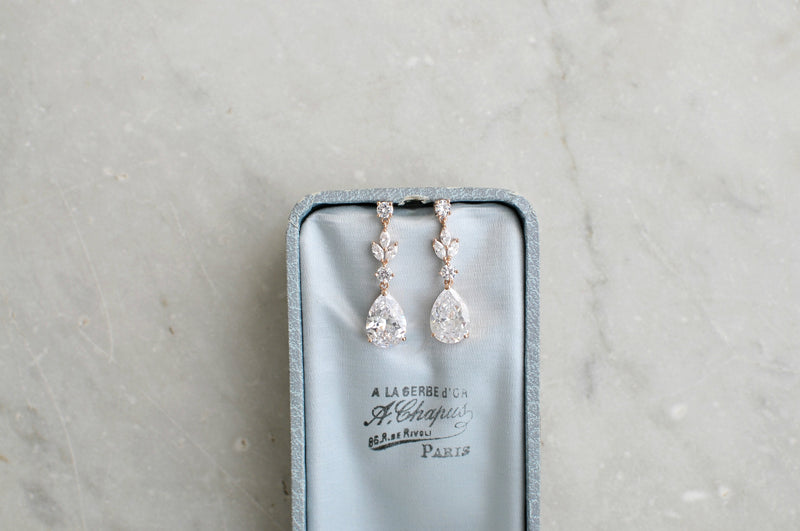EDEN LUXE Bridal Earrings Rose Gold ADELIE Silver Simulated Diamond Drop Earrings