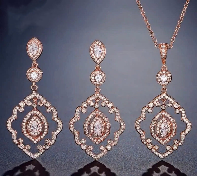 EDEN LUXE Bridal Earrings Rose Gold / Necklace and Earrings Set JORDAN Simulated Diamond Cluster Drop Earrings and Necklace Set