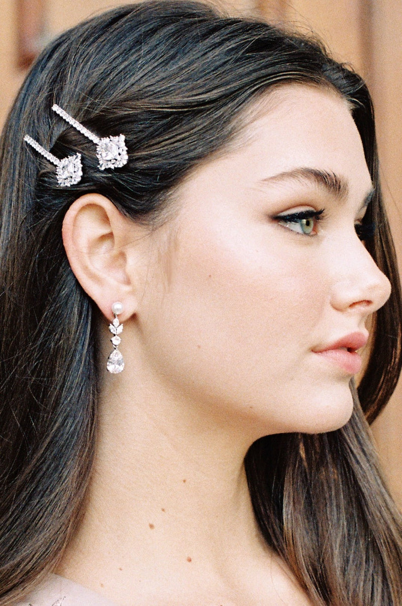 EDEN LUXE Bridal Earrings Silver WILHELMINA Simulated Diamond and Pearl Drop Earrings
