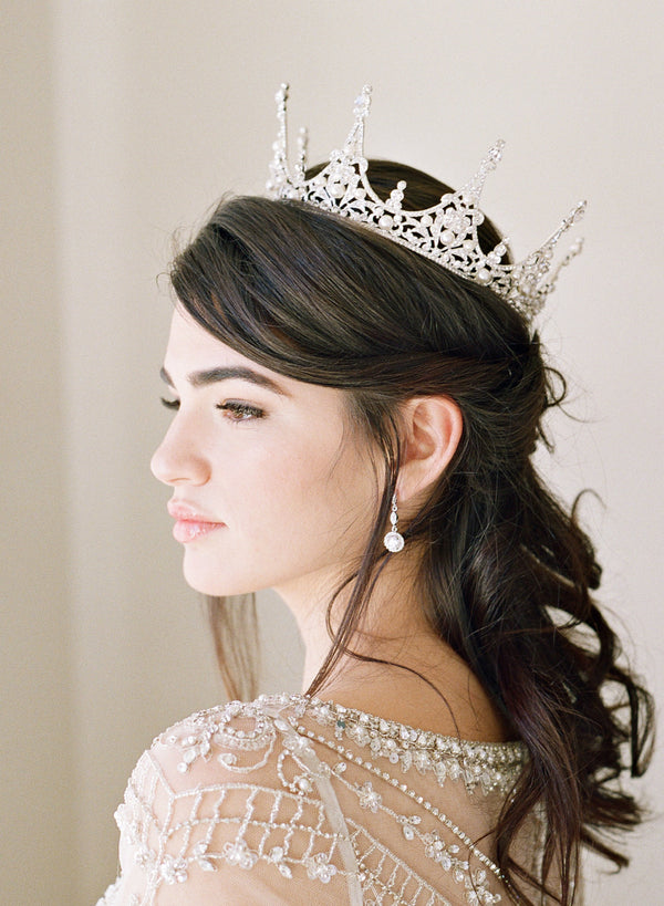 EDEN LUXE Bridal Full Crown CHARMAINE Full Wedding Crown and Earrings Suite