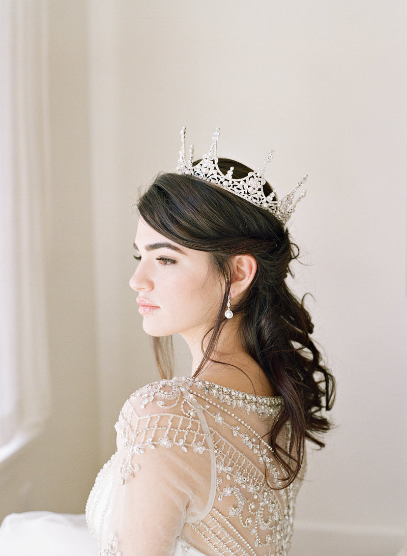 EDEN LUXE Bridal Full Crown CHARMAINE Full Wedding Crown and Earrings Suite