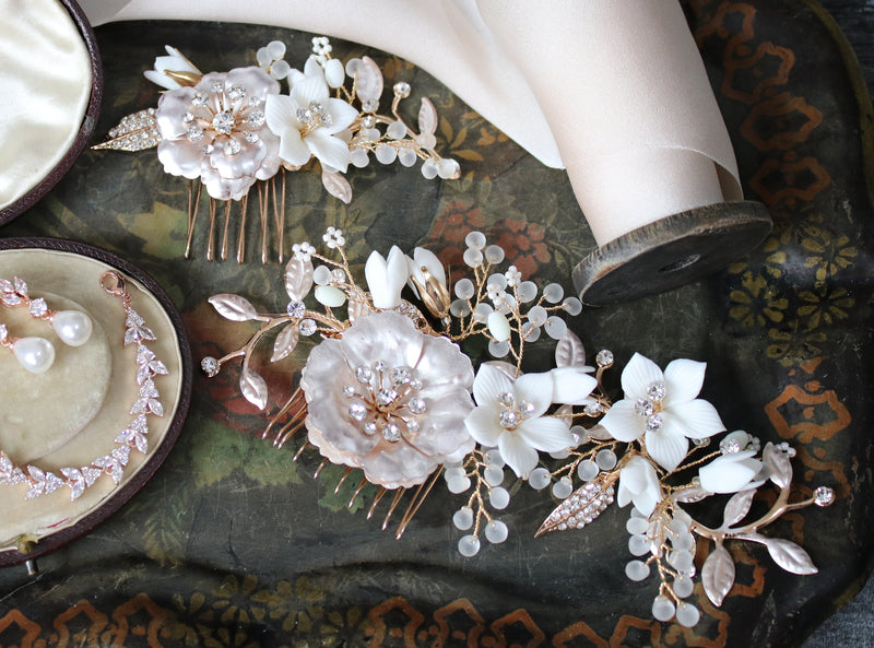 EDEN LUXE Bridal Headpiece ADDISON Porcelain Floral and Crystal Comb Set