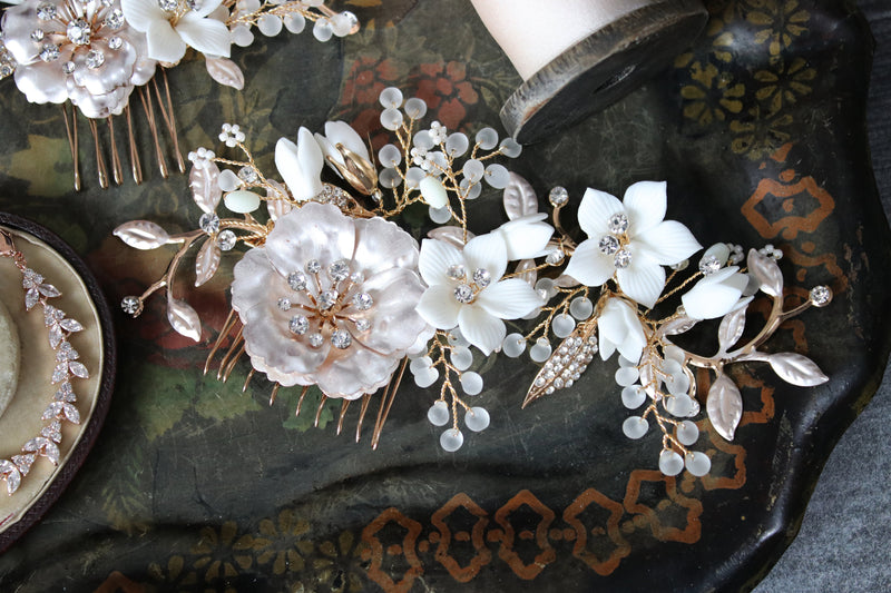 EDEN LUXE Bridal Headpiece ADDISON Porcelain Floral and Crystal Comb Set