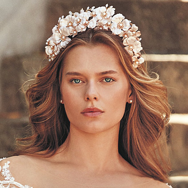 Gold Bridal Halo Headpiece Juliet | Eden Luxe Bridal Gold / Pale Blush Ribbon Ties