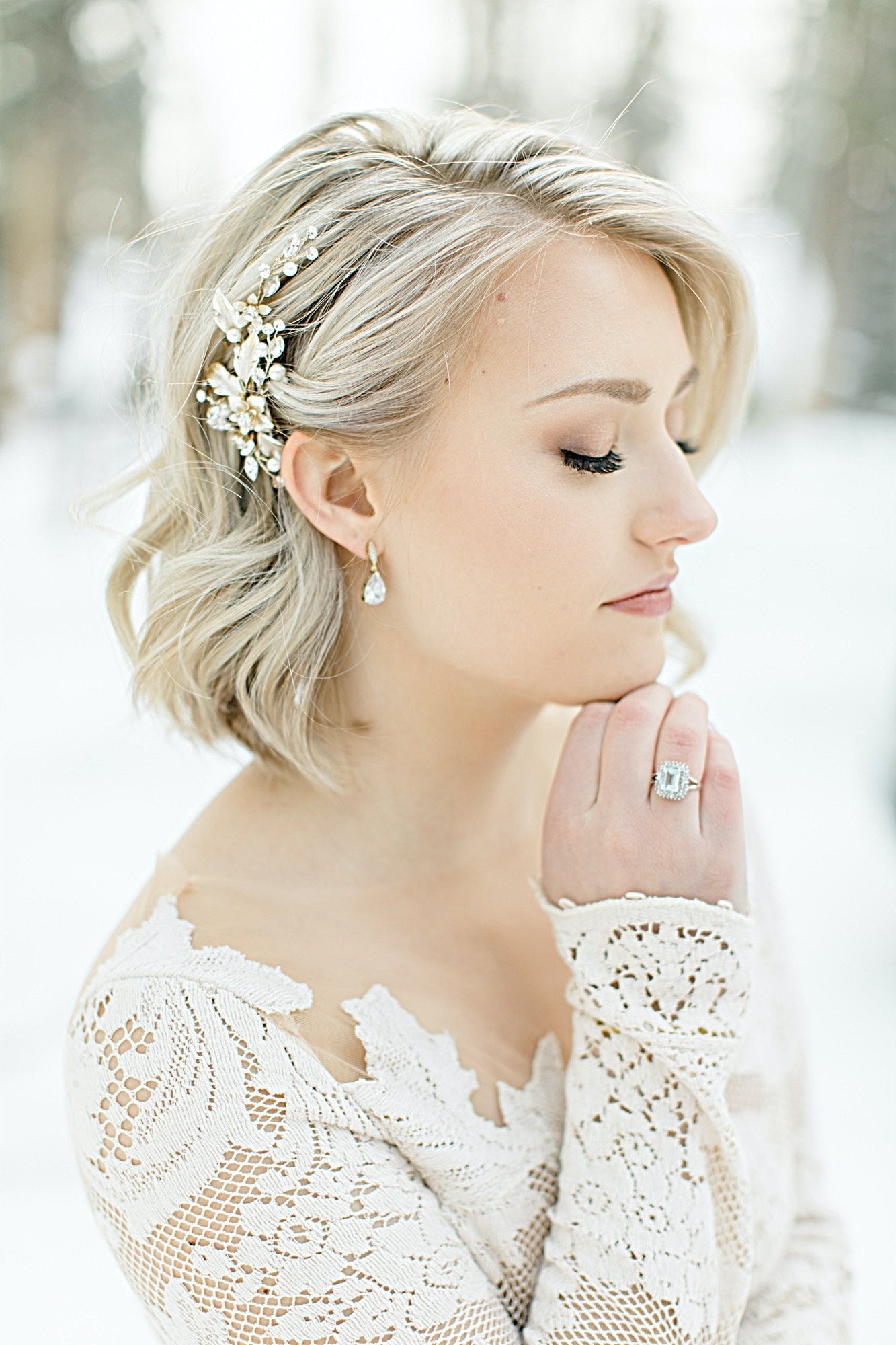 EDEN LUXE Bridal Headpiece APRIL Silvered Leaves Hair Clip Set