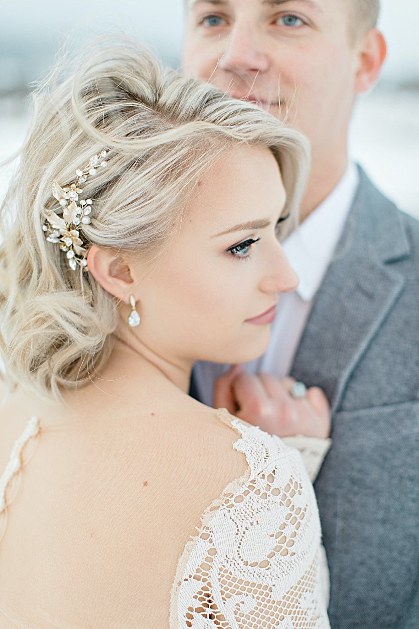 EDEN LUXE Bridal Headpiece APRIL Silvered Leaves Hair Clip Set