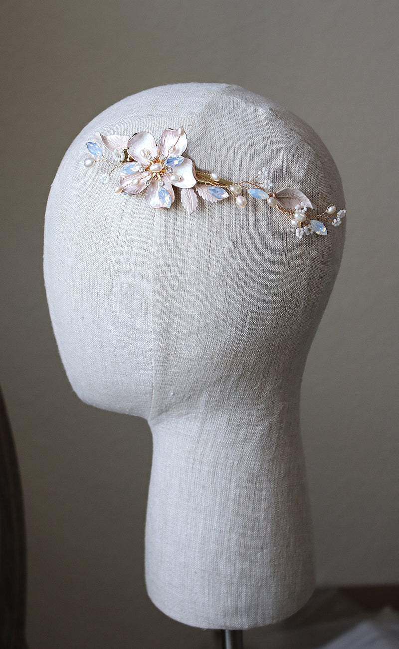 EDEN LUXE Bridal Headpiece ASHLEY Blush Gilded Floral and Freshwater Pearl Hairclip