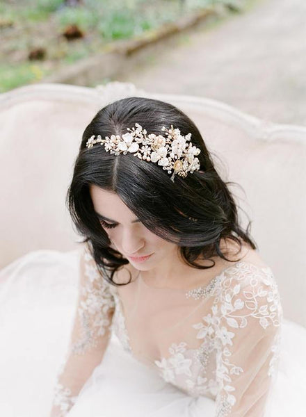 Gold Bridal Halo Headpiece Juliet | Eden Luxe Bridal Gold / Pale Blush Ribbon Ties