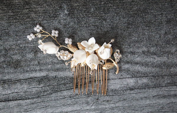 EDEN LUXE Bridal Headpiece Gold AUDREY Porcelain Floral and Crystal Comb