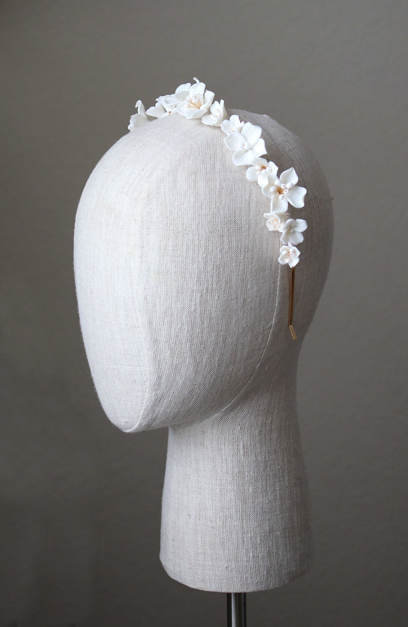 EDEN LUXE Bridal Headpiece Gold BIANCA White Porcelain Floral and Crystal Bridal Headband Headpiece Tiara