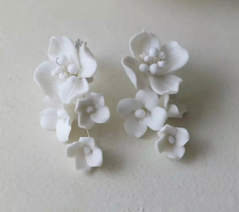 EDEN LUXE Bridal Headpiece Silver BIANCA White Porcelain Floral Earrings