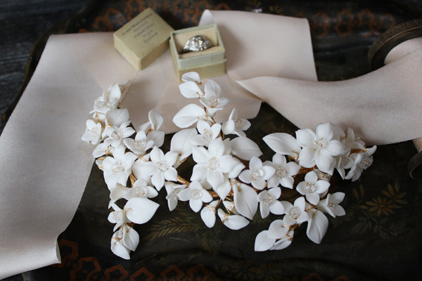 EDEN LUXE Bridal Headpiece WILLOW White Porcelain Blossoms Headpiece