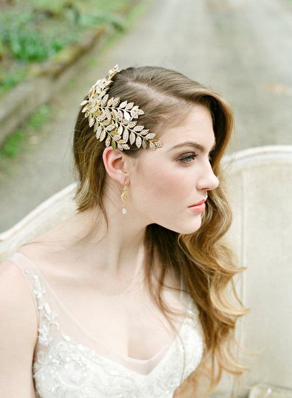 EDEN LUXE Bridal Headpieces WYATT Swarovski Crystal Leaf Gold Bridal Headpiece