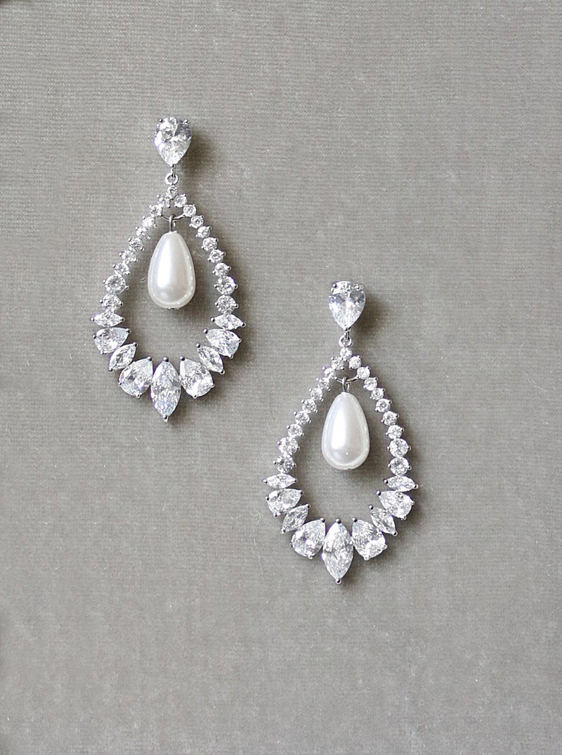 EDEN LUXE Bridal Jewelry Earrings Only MIRABEL Silver Simulated Diamond and Pearl Drop Necklace and Earrings Set