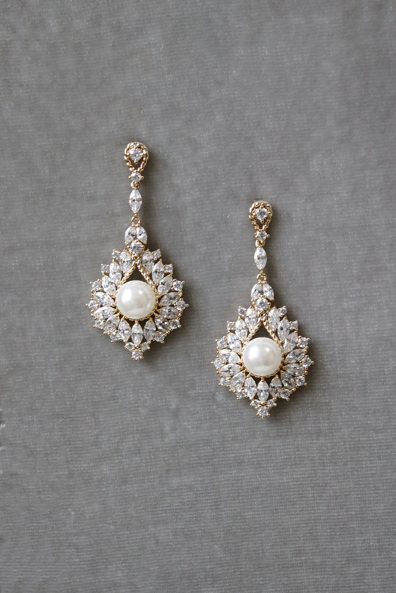 EDEN LUXE Bridal Jewelry Gold LAYLA Simulated Diamond and Pearl Drop Earrings